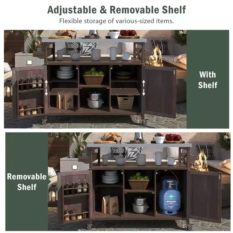 FAMYYT Outdoor Black Stainless Steel Top 50 in. Kitchen Island Cartwith 4-Hook Hanger, Bottle Opener, Spice Rack and Wheels