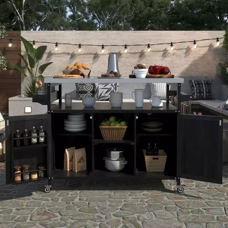 FAMYYT Outdoor Black Stainless Steel Top 50 in. Kitchen Island Cartwith 4-Hook Hanger, Bottle Opener, Spice Rack and Wheels