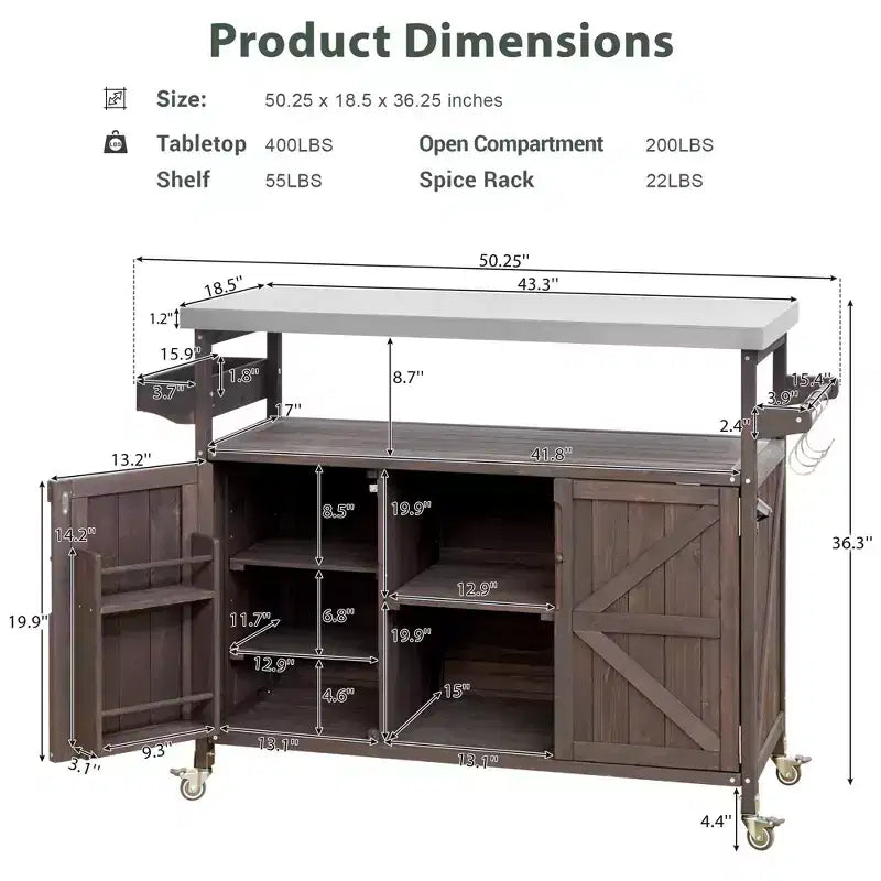 FAMYYT Outdoor Black Stainless Steel Top 50 in. Kitchen Island Cartwith 4-Hook Hanger, Bottle Opener, Spice Rack and Wheels