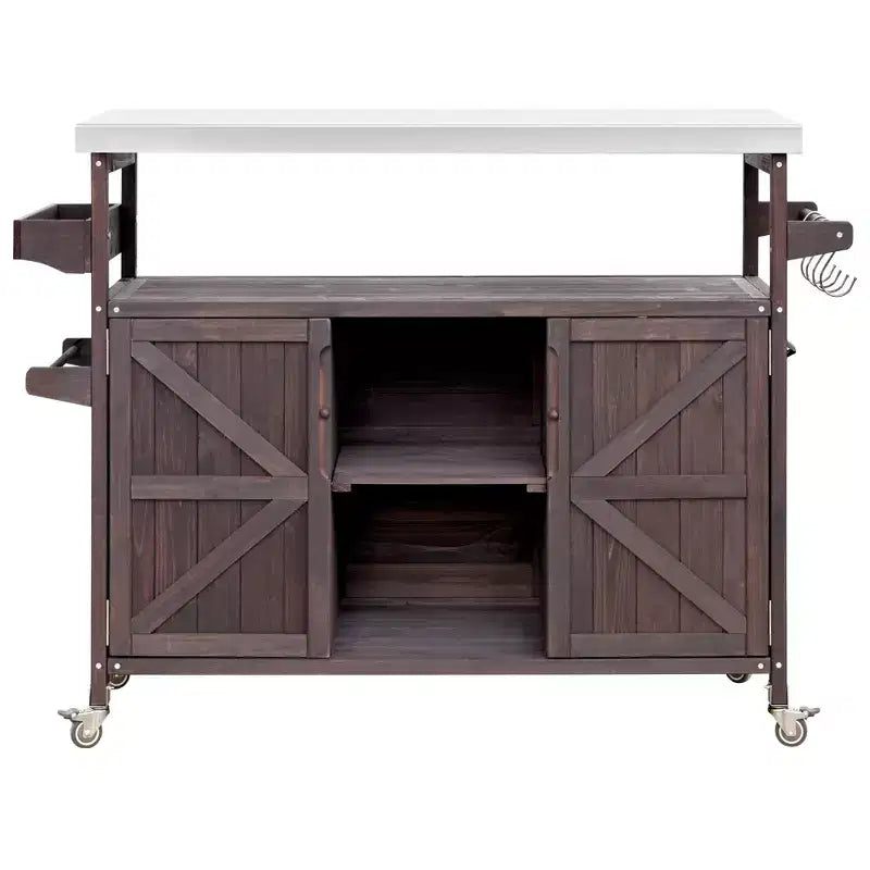 FAMYYT Outdoor Black Stainless Steel Top 50 in. Kitchen Island Cartwith 4-Hook Hanger, Bottle Opener, Spice Rack and Wheels