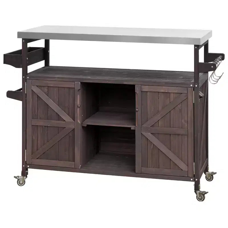 FAMYYT Outdoor Black Stainless Steel Top 50 in. Kitchen Island Cartwith 4-Hook Hanger, Bottle Opener, Spice Rack and Wheels