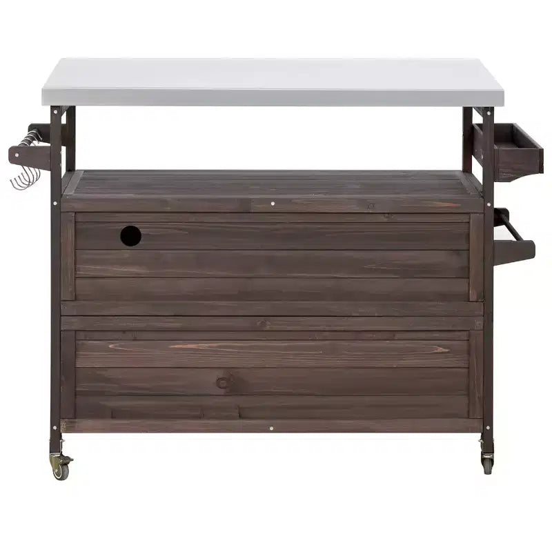 FAMYYT Outdoor Black Stainless Steel Top 50 in. Kitchen Island Cartwith 4-Hook Hanger, Bottle Opener, Spice Rack and Wheels