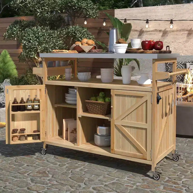 FAMYYT Outdoor Black Stainless Steel Top 50 in. Kitchen Island Cartwith 4-Hook Hanger, Bottle Opener, Spice Rack and Wheels