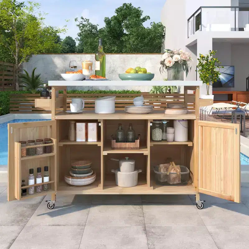 FAMYYT Outdoor Black Stainless Steel Top 50 in. Kitchen Island Cartwith 4-Hook Hanger, Bottle Opener, Spice Rack and Wheels