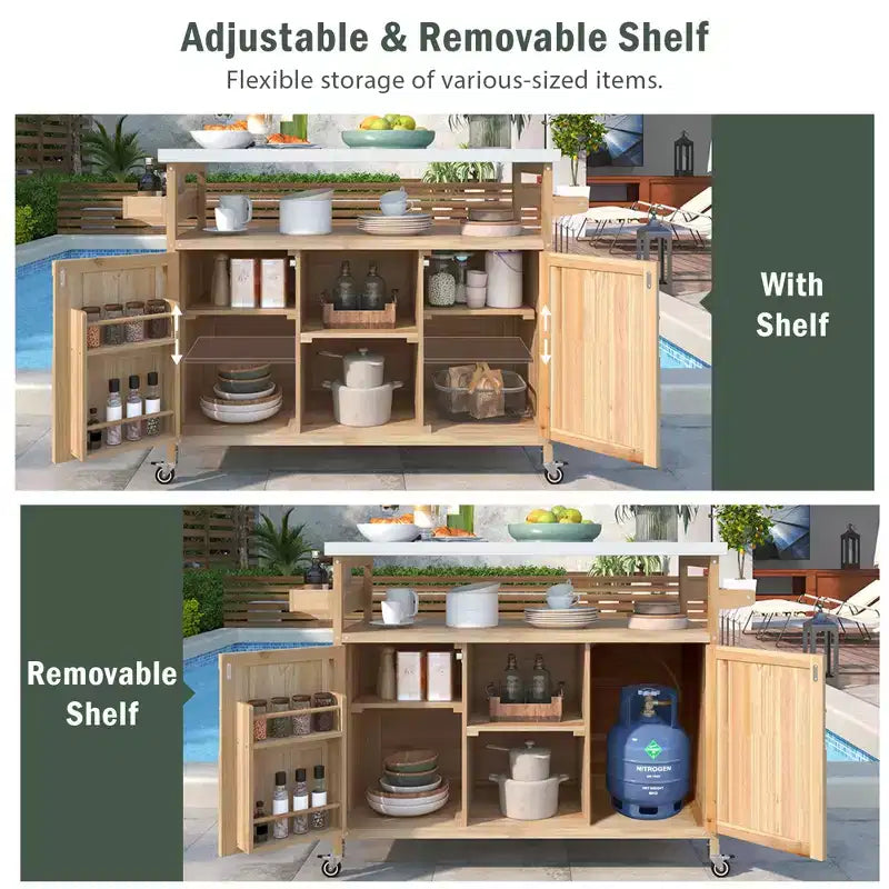 FAMYYT Outdoor Black Stainless Steel Top 50 in. Kitchen Island Cartwith 4-Hook Hanger, Bottle Opener, Spice Rack and Wheels