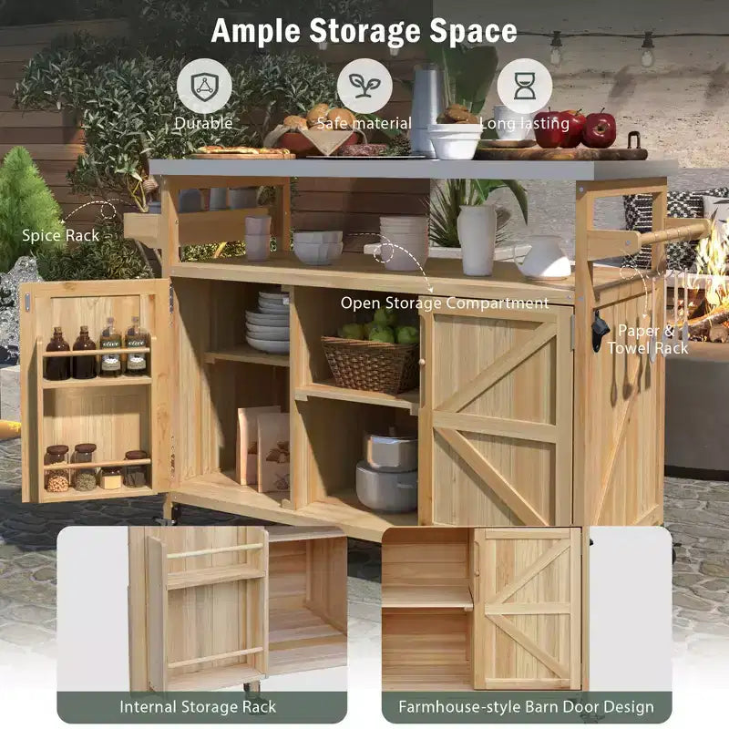 FAMYYT Outdoor Black Stainless Steel Top 50 in. Kitchen Island Cartwith 4-Hook Hanger, Bottle Opener, Spice Rack and Wheels