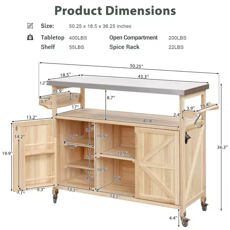 FAMYYT Outdoor Black Stainless Steel Top 50 in. Kitchen Island Cartwith 4-Hook Hanger, Bottle Opener, Spice Rack and Wheels