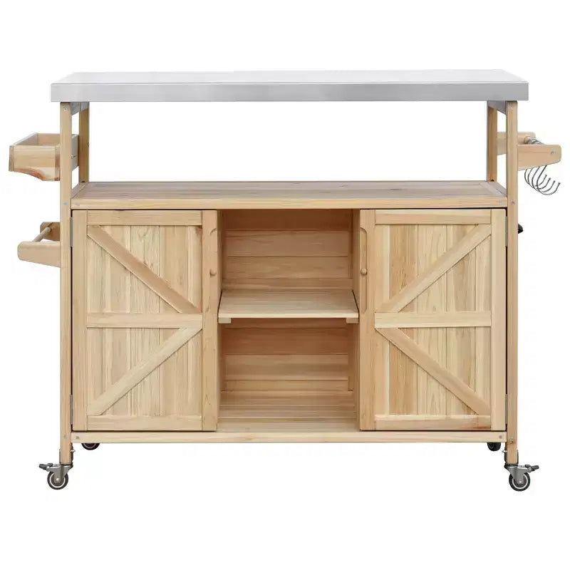 FAMYYT Outdoor Black Stainless Steel Top 50 in. Kitchen Island Cartwith 4-Hook Hanger, Bottle Opener, Spice Rack and Wheels