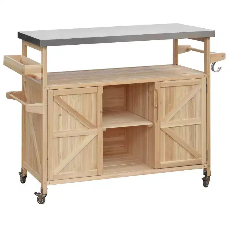 FAMYYT Outdoor Black Stainless Steel Top 50 in. Kitchen Island Cartwith 4-Hook Hanger, Bottle Opener, Spice Rack and Wheels