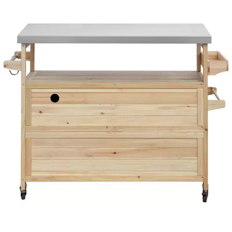 FAMYYT Outdoor Black Stainless Steel Top 50 in. Kitchen Island Cartwith 4-Hook Hanger, Bottle Opener, Spice Rack and Wheels