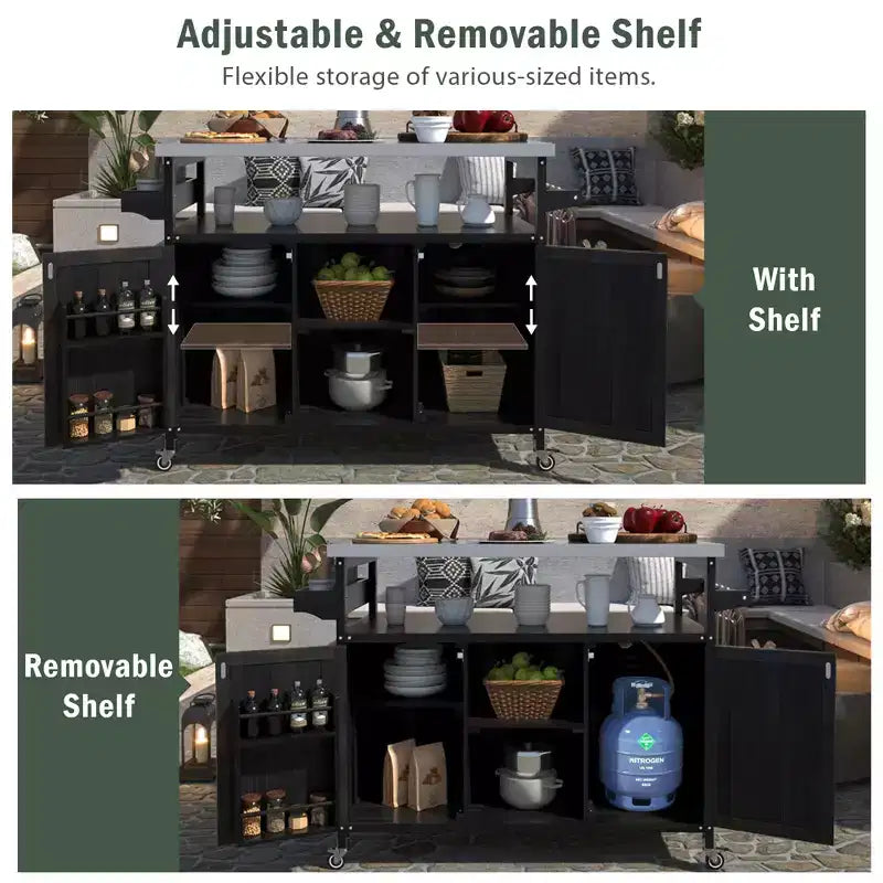 FAMYYT Outdoor Black Stainless Steel Top 50 in. Kitchen Island Cartwith 4-Hook Hanger, Bottle Opener, Spice Rack and Wheels