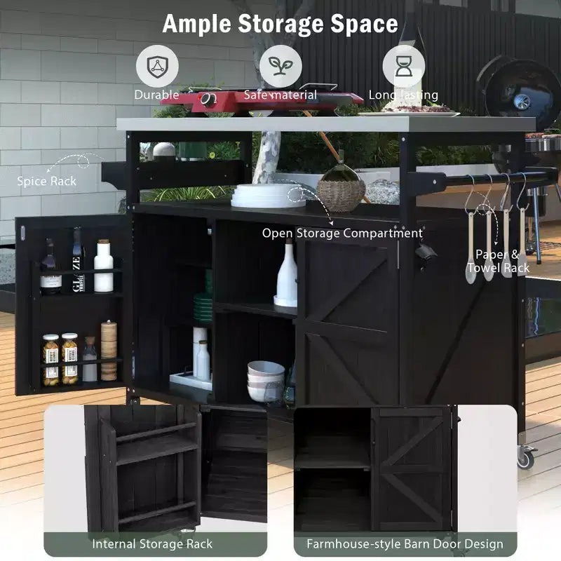 FAMYYT Outdoor Black Stainless Steel Top 50 in. Kitchen Island Cartwith 4-Hook Hanger, Bottle Opener, Spice Rack and Wheels