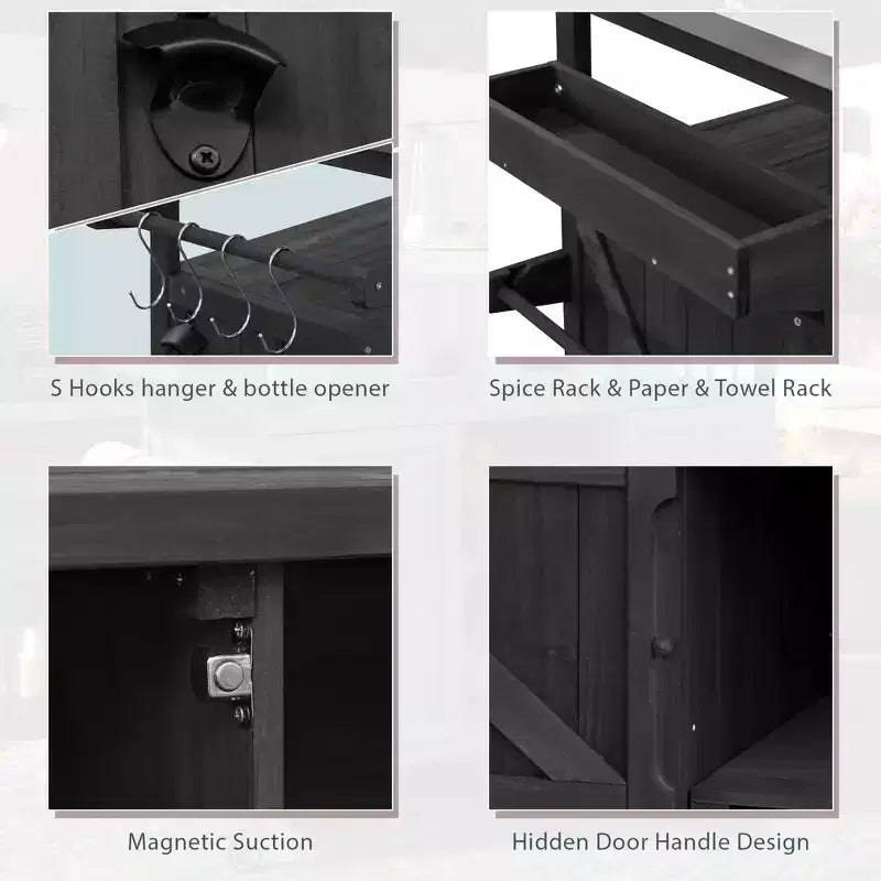 FAMYYT Outdoor Black Stainless Steel Top 50 in. Kitchen Island Cartwith 4-Hook Hanger, Bottle Opener, Spice Rack and Wheels
