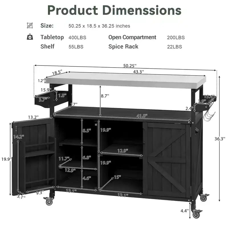 FAMYYT Outdoor Black Stainless Steel Top 50 in. Kitchen Island Cartwith 4-Hook Hanger, Bottle Opener, Spice Rack and Wheels