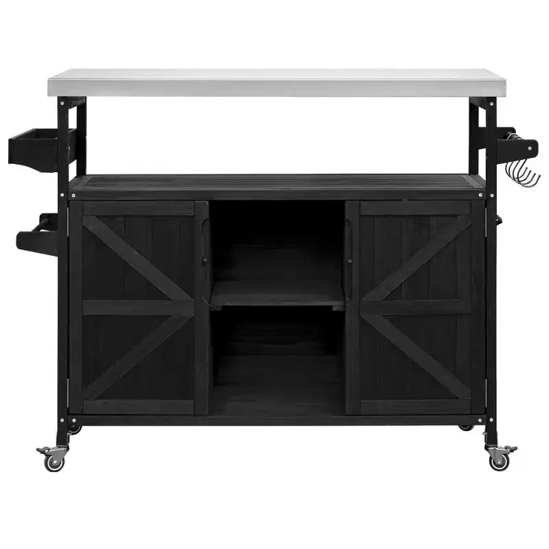 FAMYYT Outdoor Black Stainless Steel Top 50 in. Kitchen Island Cartwith 4-Hook Hanger, Bottle Opener, Spice Rack and Wheels