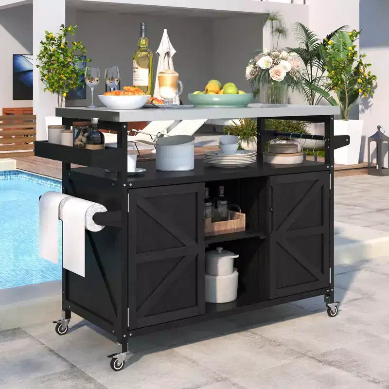 FAMYYT Outdoor Black Stainless Steel Top 50 in. Kitchen Island Cartwith 4-Hook Hanger, Bottle Opener, Spice Rack and Wheels