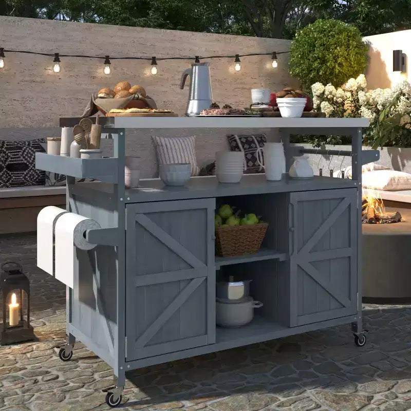FAMYYT Outdoor Black Stainless Steel Top 50 in. Kitchen Island Cartwith 4-Hook Hanger, Bottle Opener, Spice Rack and Wheels