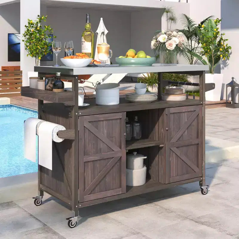 FAMYYT Outdoor Black Stainless Steel Top 50 in. Kitchen Island Cartwith 4-Hook Hanger, Bottle Opener, Spice Rack and Wheels