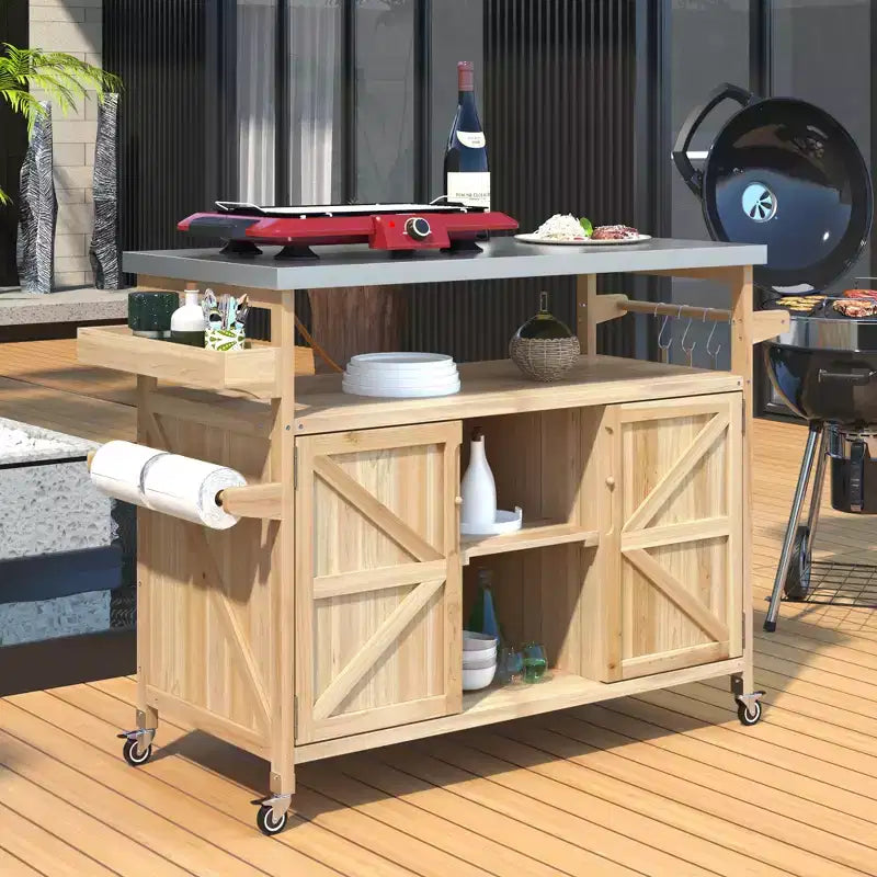 FAMYYT Outdoor Black Stainless Steel Top 50 in. Kitchen Island Cartwith 4-Hook Hanger, Bottle Opener, Spice Rack and Wheels