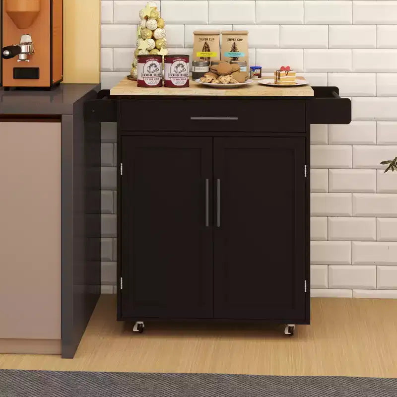 FAMYYT Rolling White Rubber Wood Top 26 in. Kitchen Island Cart with Adjustable Shelves and Towel Rack