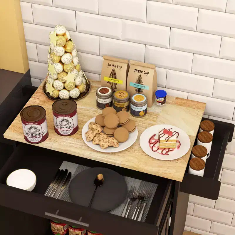 FAMYYT Rolling White Rubber Wood Top 26 in. Kitchen Island Cart with Adjustable Shelves and Towel Rack