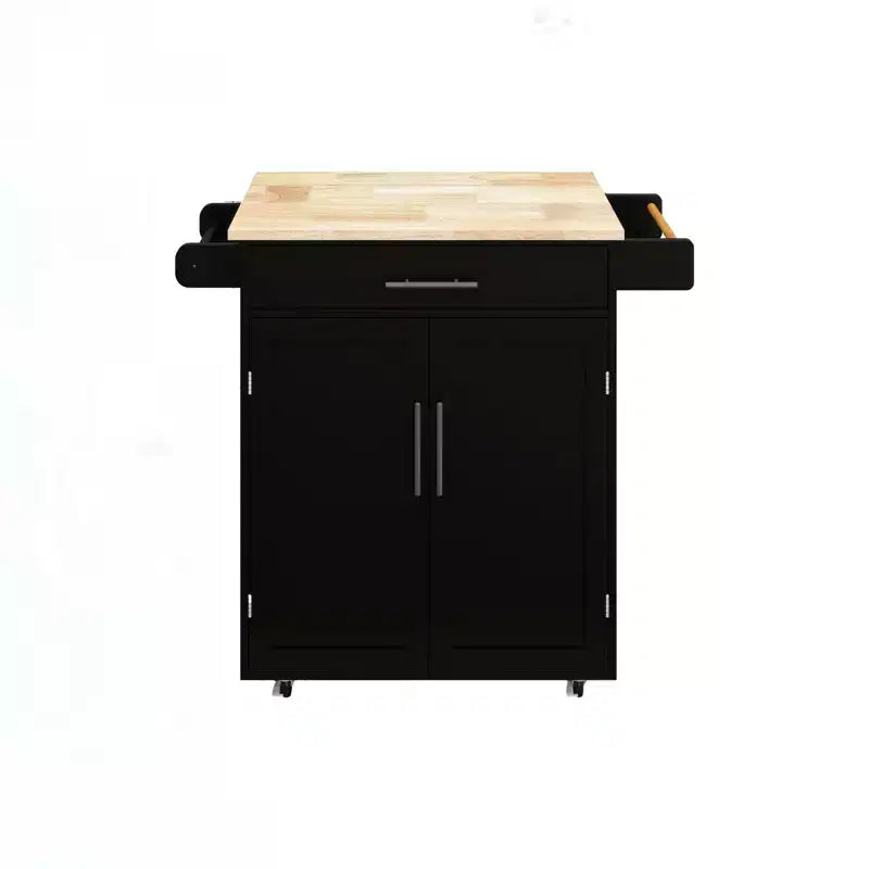 FAMYYT Rolling White Rubber Wood Top 26 in. Kitchen Island Cart with Adjustable Shelves and Towel Rack