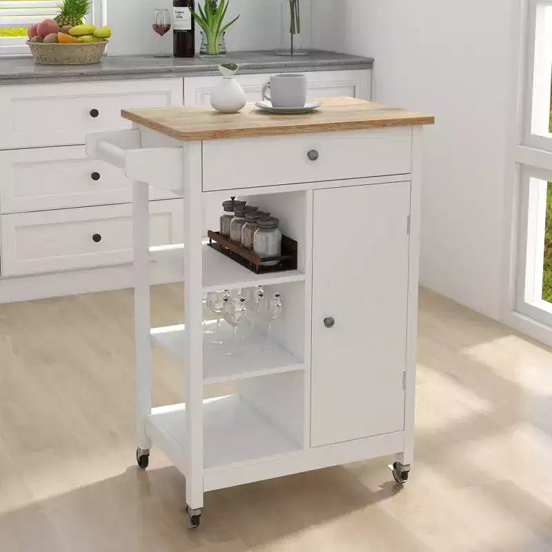 FAMYYT Rolling White Rubber Wood Top 26 in. Kitchen Island Cart with Adjustable Shelves and Towel Rack