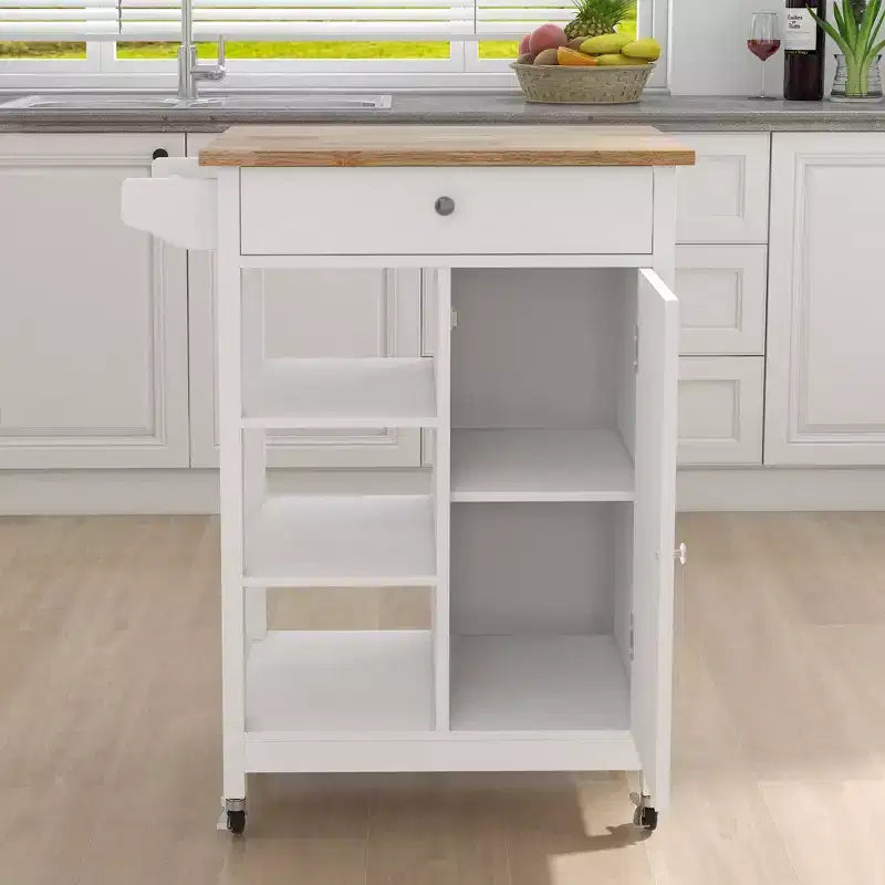 FAMYYT Rolling White Rubber Wood Top 26 in. Kitchen Island Cart with Adjustable Shelves and Towel Rack