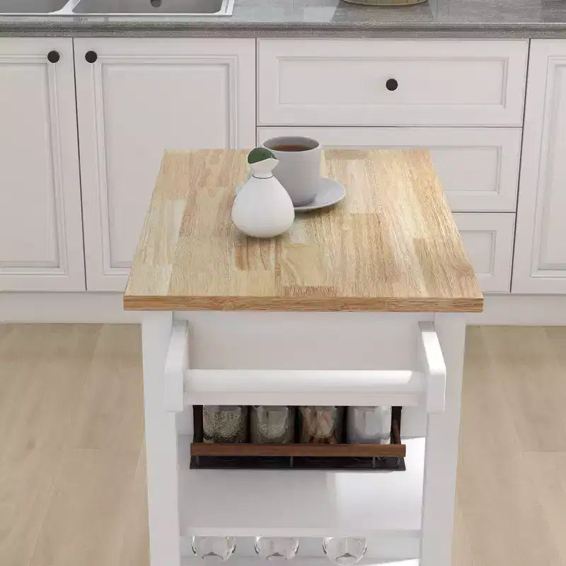 FAMYYT Rolling White Rubber Wood Top 26 in. Kitchen Island Cart with Adjustable Shelves and Towel Rack