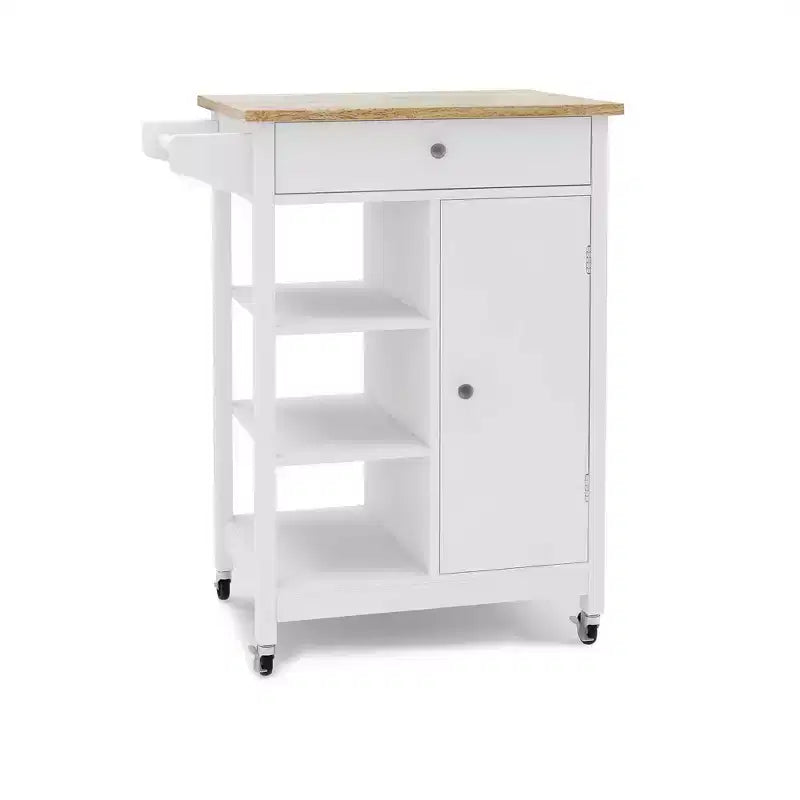 FAMYYT Rolling White Rubber Wood Top 26 in. Kitchen Island Cart with Adjustable Shelves and Towel Rack
