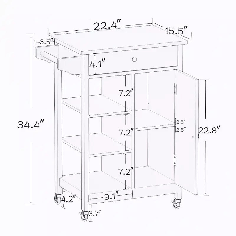 FAMYYT Rolling White Rubber Wood Top 26 in. Kitchen Island Cart with Adjustable Shelves and Towel Rack