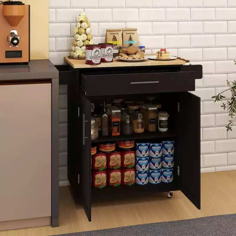 FAMYYT Rolling White Rubber Wood Top 26 in. Kitchen Island Cart with Adjustable Shelves and Towel Rack