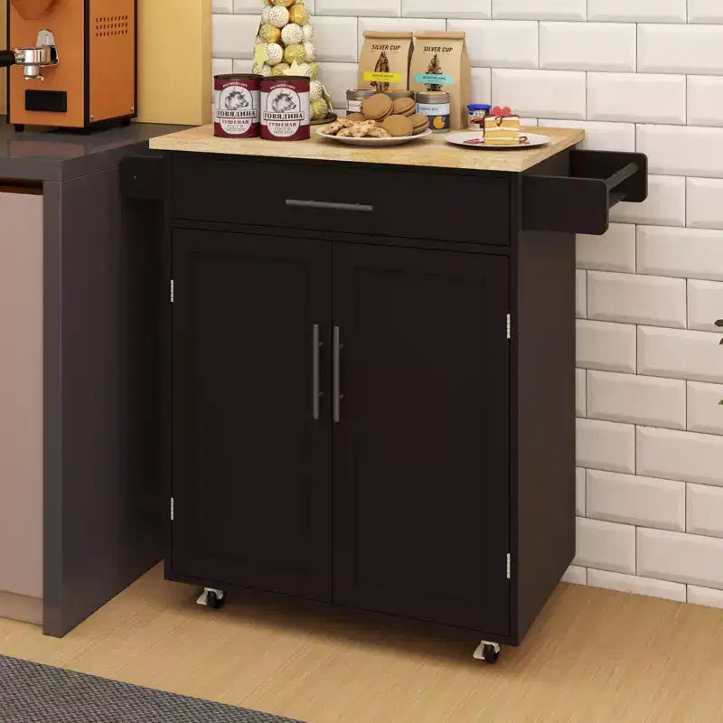 FAMYYT Rolling White Rubber Wood Top 26 in. Kitchen Island Cart with Adjustable Shelves and Towel Rack