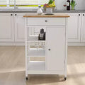 FAMYYT Rolling White Rubber Wood Top 26 in. Kitchen Island Cart with Adjustable Shelves and Towel Rack