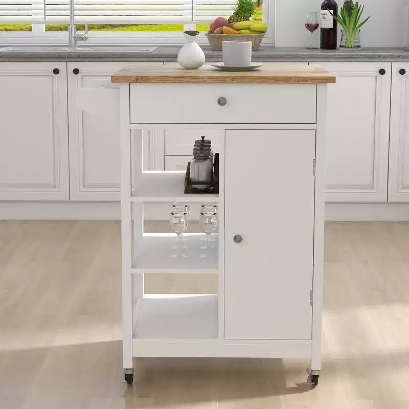 FAMYYT Rolling White Rubber Wood Top 26 in. Kitchen Island Cart with Adjustable Shelves and Towel Rack