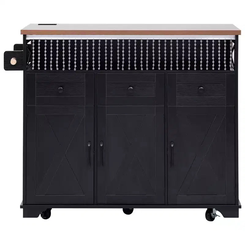 FAMYYT White Wood Grain Top 46.5 in. Kitchen Island Cart with Drape of Beads, Power Outlet, Drop Leaf, Iron Shelf, and Wheels