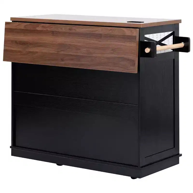 FAMYYT White Wood Grain Top 46.5 in. Kitchen Island Cart with Drape of Beads, Power Outlet, Drop Leaf, Iron Shelf, and Wheels