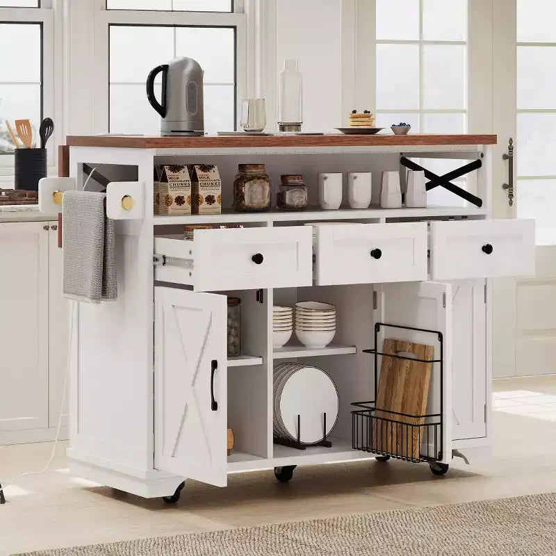FAMYYT White Wood Grain Top 46.5 in. Kitchen Island Cart with Drape of Beads, Power Outlet, Drop Leaf, Iron Shelf, and Wheels
