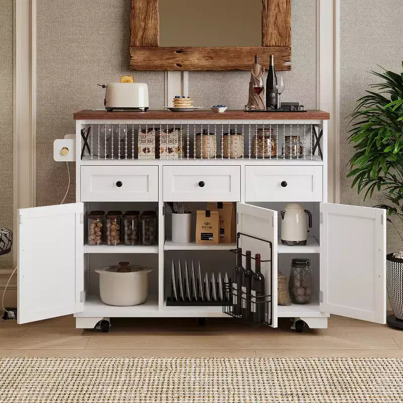 FAMYYT White Wood Grain Top 46.5 in. Kitchen Island Cart with Drape of Beads, Power Outlet, Drop Leaf, Iron Shelf, and Wheels