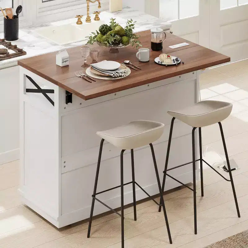 FAMYYT White Wood Grain Top 46.5 in. Kitchen Island Cart with Drape of Beads, Power Outlet, Drop Leaf, Iron Shelf, and Wheels