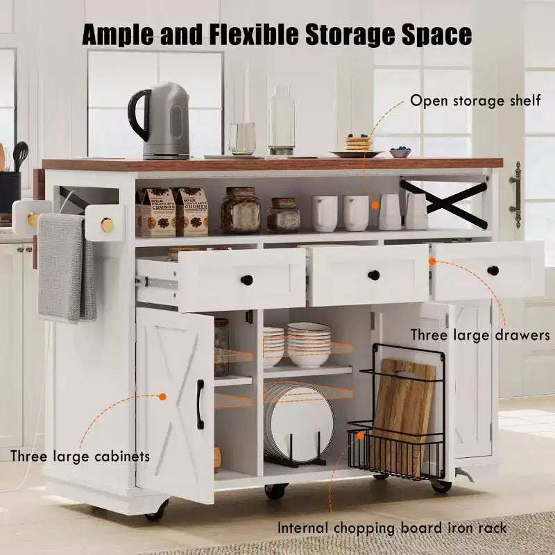 FAMYYT White Wood Grain Top 46.5 in. Kitchen Island Cart with Drape of Beads, Power Outlet, Drop Leaf, Iron Shelf, and Wheels