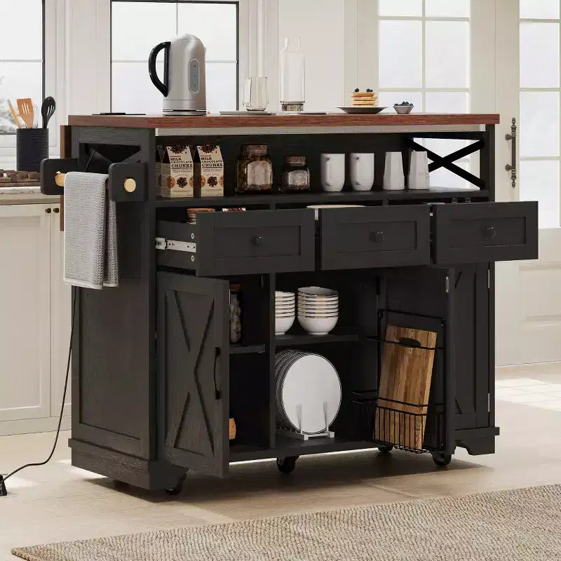 FAMYYT White Wood Grain Top 46.5 in. Kitchen Island Cart with Drape of Beads, Power Outlet, Drop Leaf, Iron Shelf, and Wheels