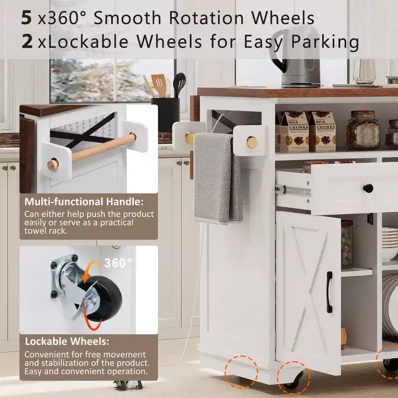 FAMYYT White Wood Grain Top 46.5 in. Kitchen Island Cart with Drape of Beads, Power Outlet, Drop Leaf, Iron Shelf, and Wheels