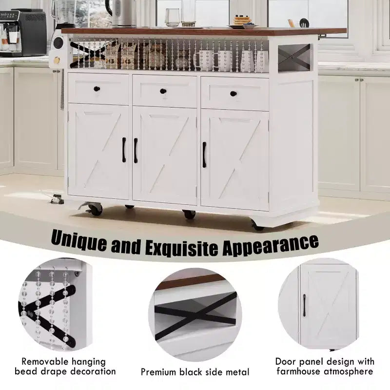 FAMYYT White Wood Grain Top 46.5 in. Kitchen Island Cart with Drape of Beads, Power Outlet, Drop Leaf, Iron Shelf, and Wheels