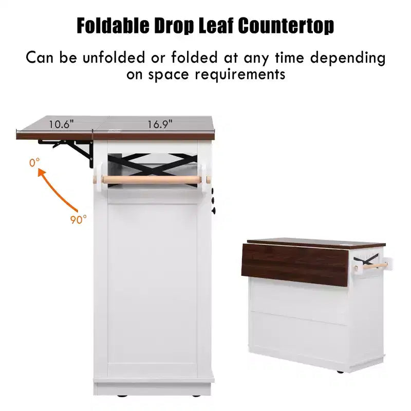 FAMYYT White Wood Grain Top 46.5 in. Kitchen Island Cart with Drape of Beads, Power Outlet, Drop Leaf, Iron Shelf, and Wheels