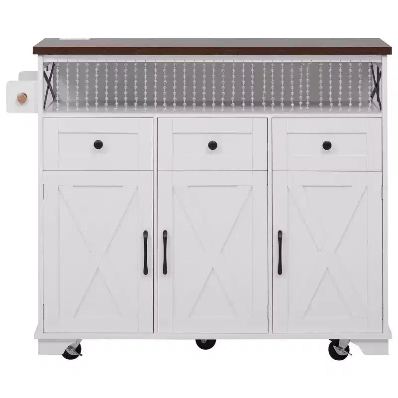 FAMYYT White Wood Grain Top 46.5 in. Kitchen Island Cart with Drape of Beads, Power Outlet, Drop Leaf, Iron Shelf, and Wheels