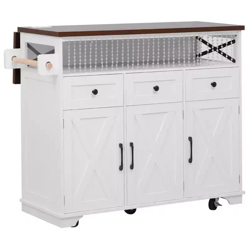 FAMYYT White Wood Grain Top 46.5 in. Kitchen Island Cart with Drape of Beads, Power Outlet, Drop Leaf, Iron Shelf, and Wheels