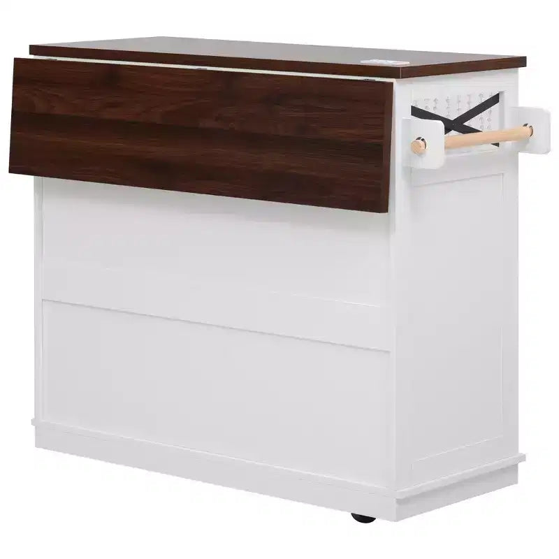 FAMYYT White Wood Grain Top 46.5 in. Kitchen Island Cart with Drape of Beads, Power Outlet, Drop Leaf, Iron Shelf, and Wheels