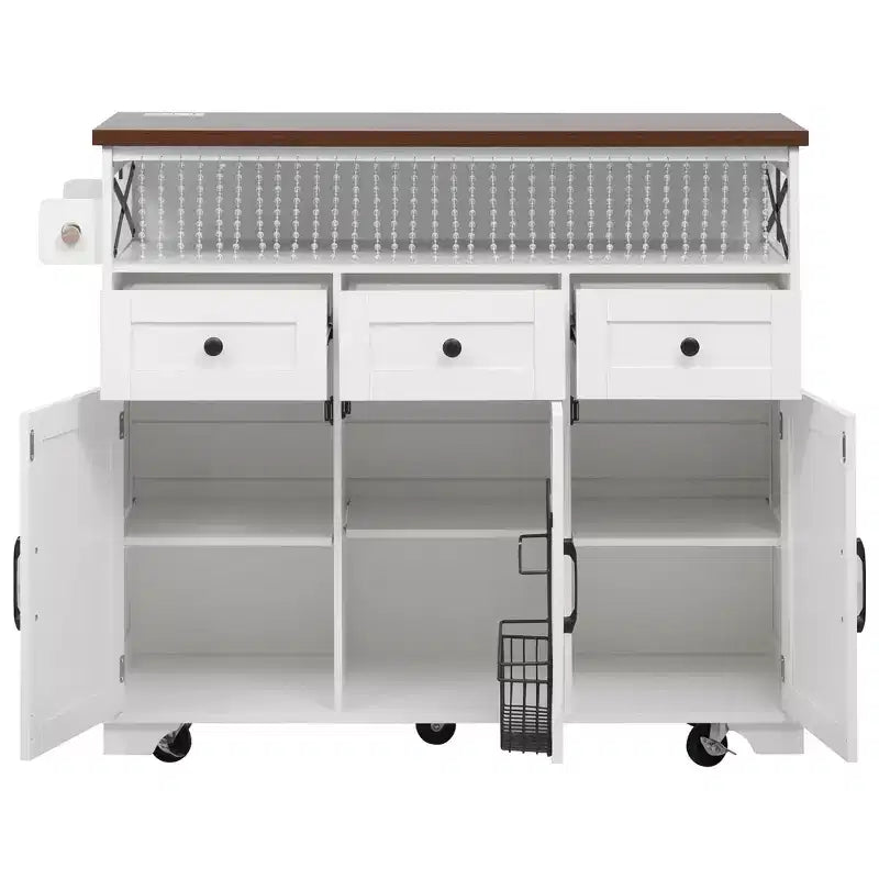 FAMYYT White Wood Grain Top 46.5 in. Kitchen Island Cart with Drape of Beads, Power Outlet, Drop Leaf, Iron Shelf, and Wheels