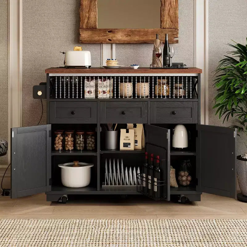 FAMYYT White Wood Grain Top 46.5 in. Kitchen Island Cart with Drape of Beads, Power Outlet, Drop Leaf, Iron Shelf, and Wheels